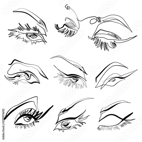 Set of eight black and white minimalist abstract lineart  vector illustrations of female eyes with long lashes
