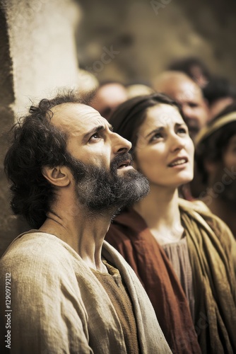 Intense expressions of Ananias and Sapphira during their confrontation with the apostles photo