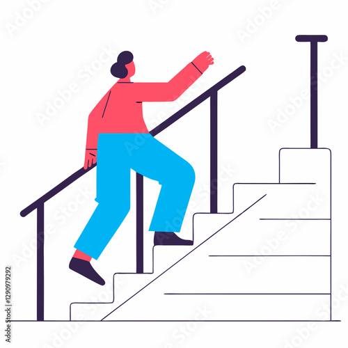 Stylized illustration of a person climbing stairs using a handrail, symbolizing effort and progress