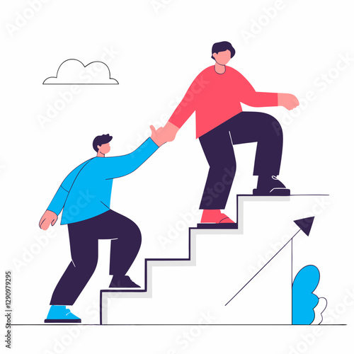 Stylized illustration of two people helping each other up the stairs, symbolizing teamwork and support