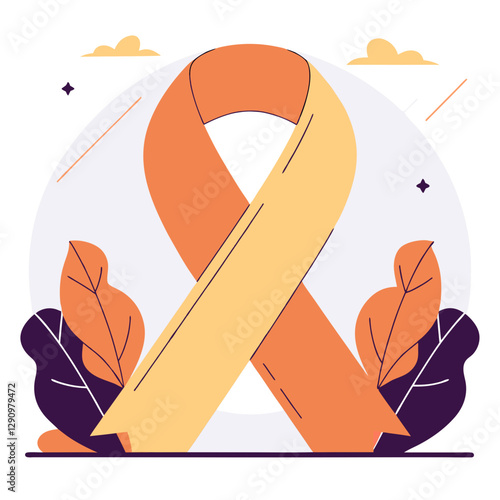 Stylized illustration of an awareness ribbon surrounded by leaves and a soft background