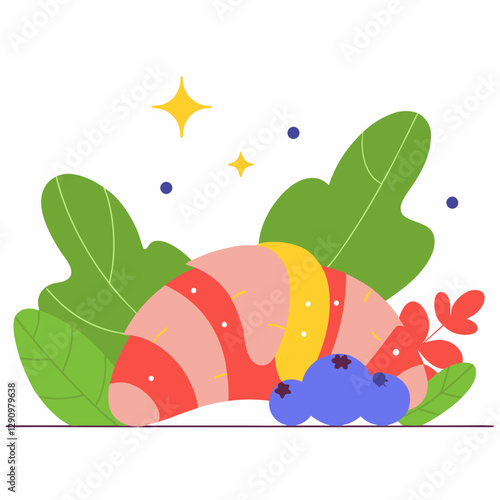 Colorful digital illustration of a croissant with fruits and leaves on a light background
