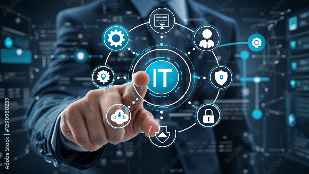 Person in business suit pointing towards a virtual interface with IT-related icons, symbolizing technology and business integration Person in business suit pointing towards a virtual interface with IT-related icons, symbolizing technology and business integration