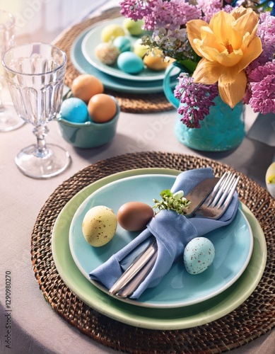 Colorful decorated Easter Place Setting with Easter Eggs, flowers on the table