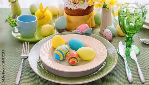 Colorful decorated Easter Place Setting with Easter Eggs, flowers on the table