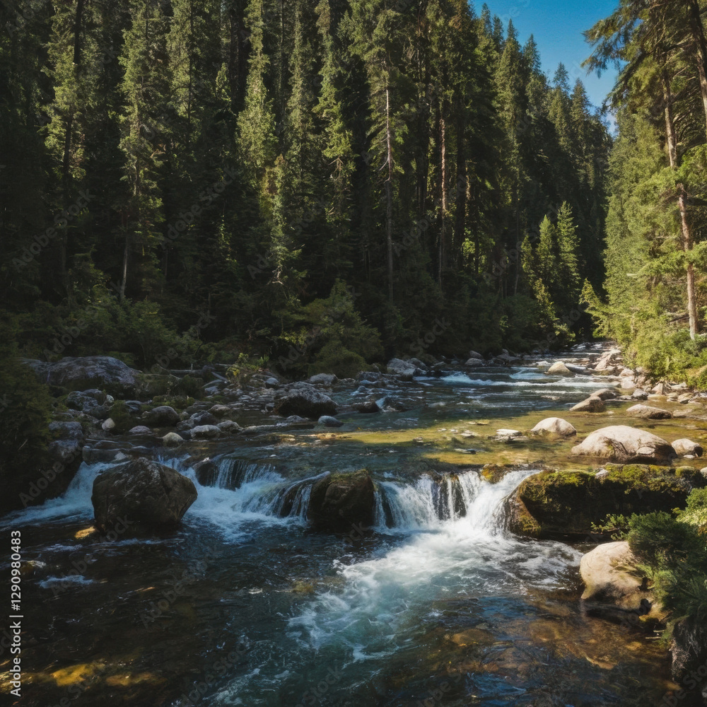 scenic view of river flowing through forest, expressing sense of calm and tranquility with mossy rocks and verdant trees scenic view of river flowing through forest, expressing sense of calm and tranquility with mossy rocks and verdant trees