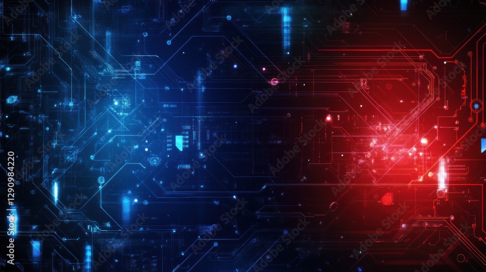 Obraz premium Abstract digital technology background with red and blue circuit board design.