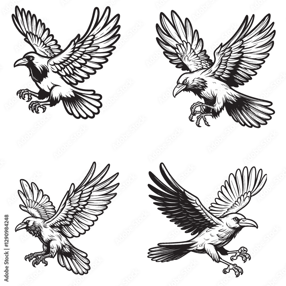 Obraz premium High-Quality Cute Cartoonic Raven Flying Pose Vector Illustrations