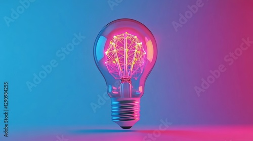 Glowing light bulb with neural network inside, symbolizing artificial intelligence innovation, creativity, and futuristic technology on a blue background with vibrant digital elements.