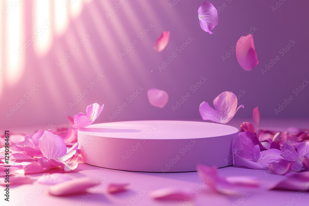 A simple circular podium on a lavender background with petals. Perfect for Mother's Day, Women's day, March 8,Easter, anniversary designs. Empty podium for product presentation and demonstration. A simple circular podium on a lavender background with petals. Perfect for Mother's Day, Women's day, March 8,Easter, anniversary designs. Empty podium for product presentation and demonstration.