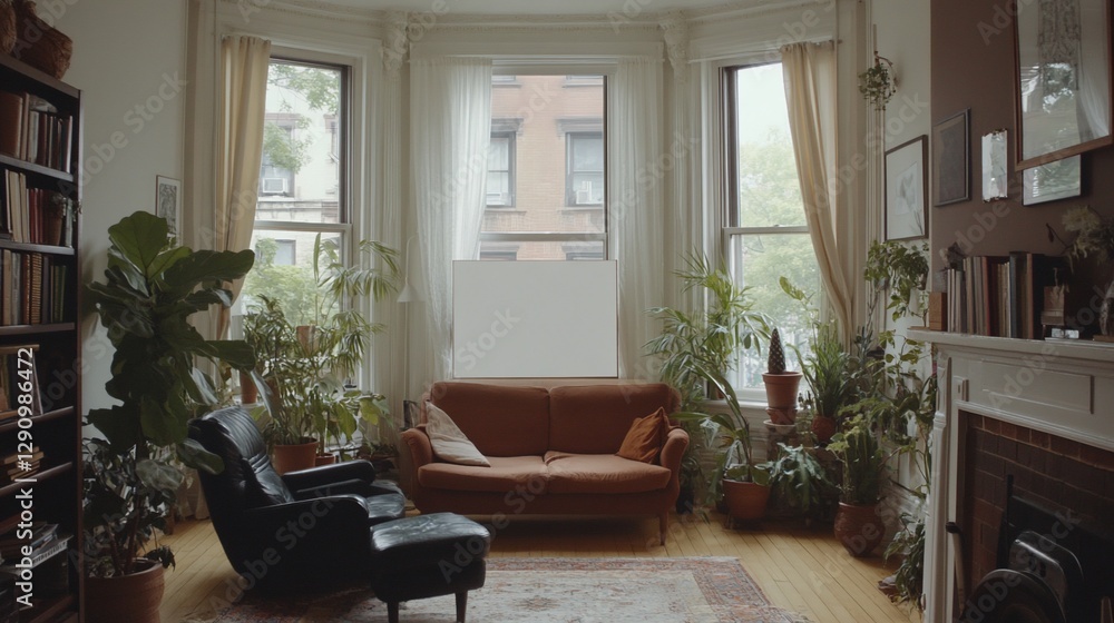 Fototapeta premium City-view living room, plants, couch, blank canvas, calm