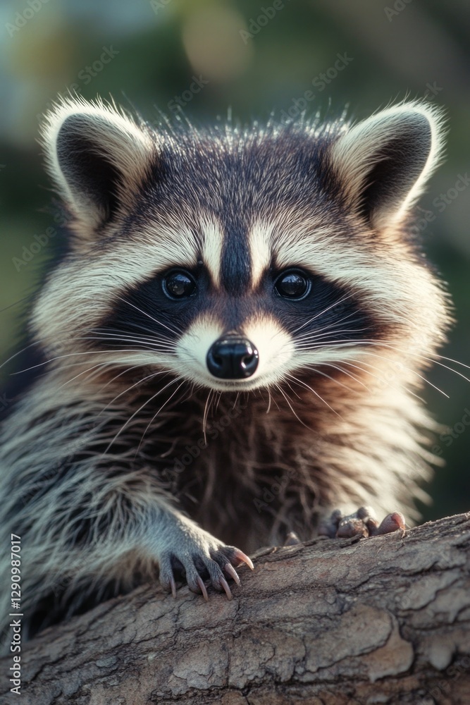 A close-up photo of a raccoon sitting on a tree branch, looking around A close-up photo of a raccoon sitting on a tree branch, looking around