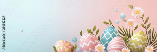easter card banner with colorful pastel colored eggs with text "happy easter"
