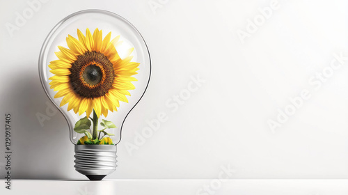 lightbulb with sunflower inside symbolizes eco friendly innovation and creativity. This unique design merges nature and technology beautifully
