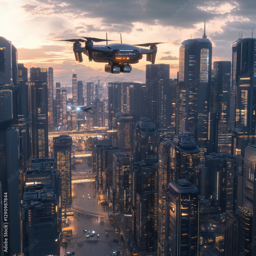 *High-tech drone flying over a futuristic city with skyscrapers, delivering packages to a sleek urban building* *High-tech drone flying over a futuristic city with skyscrapers, delivering packages to a sleek urban building*