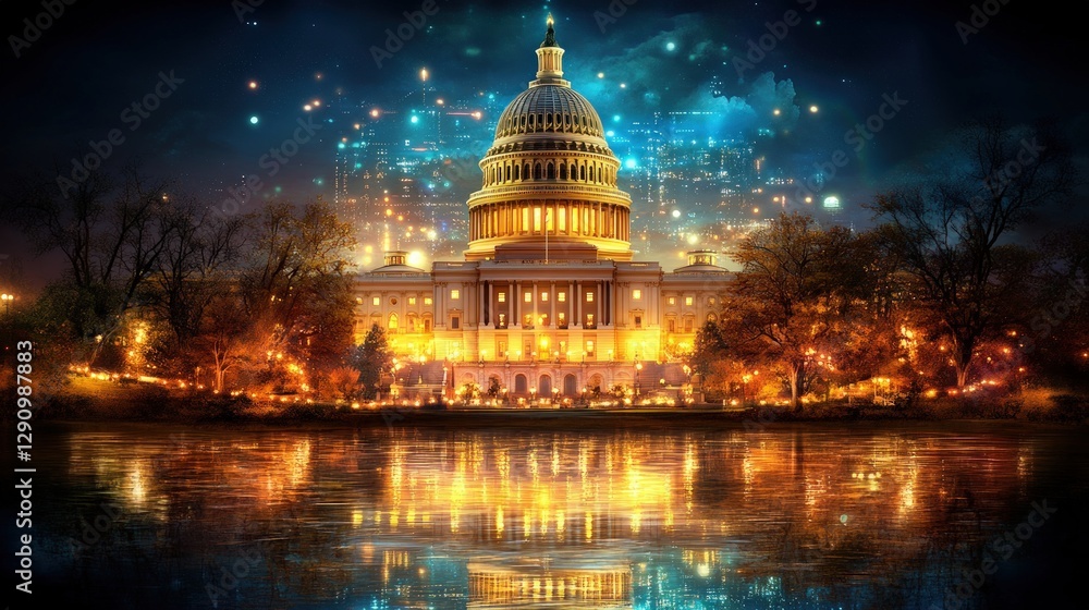 Fototapeta premium Majestic capitol building illuminated at night in washington d.c. under starry sky