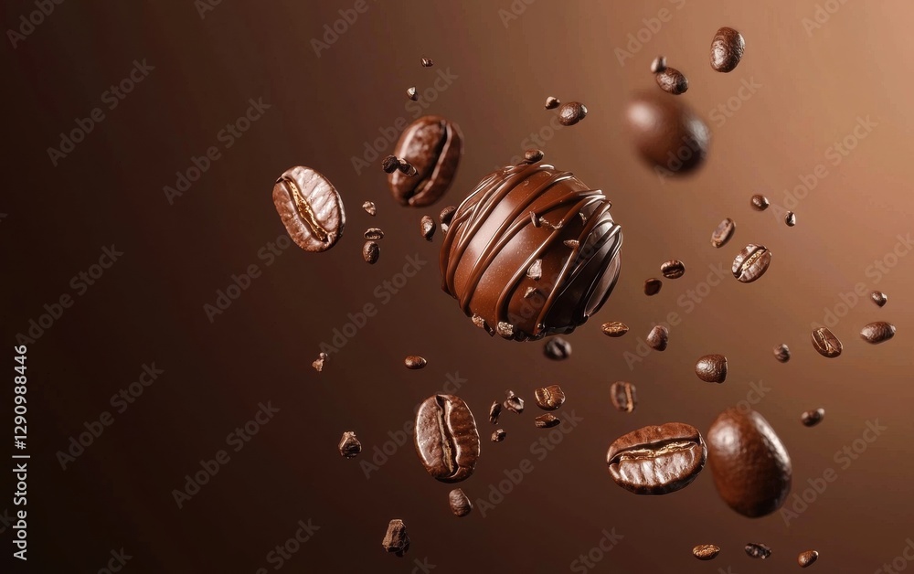 Flying Mocha Espresso Candy with Coffee Drizzle on Warm Brown Background Flying Mocha Espresso Candy with Coffee Drizzle on Warm Brown Background