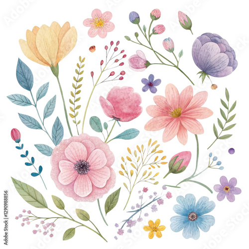 Wallpaper Mural Soft Pastel Watercolor Floral Bouquet on Light Background Torontodigital.ca