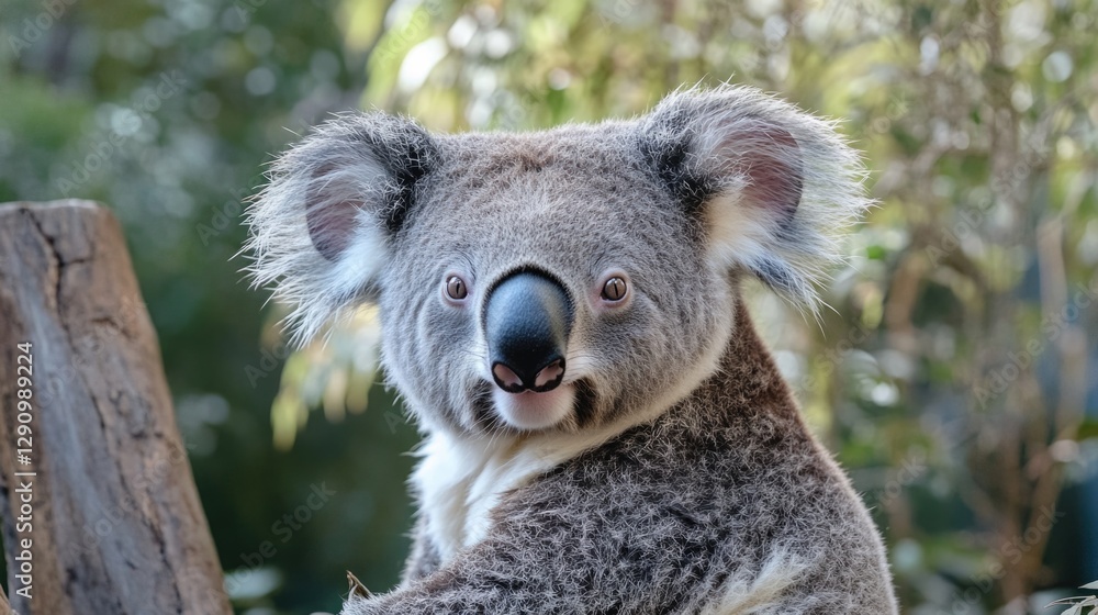 Fototapeta premium A close-up shot of a koala bear sitting on a tree branch, looking directly at the camera