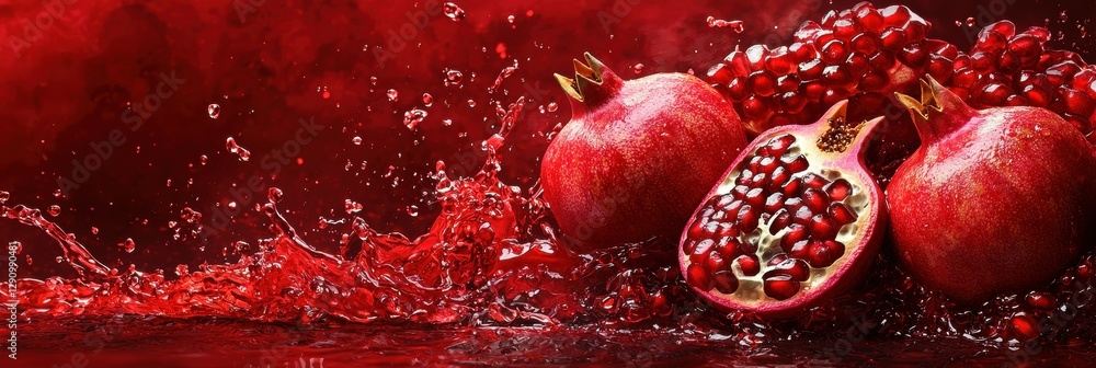 Fototapeta premium Flying pomegranate seeds with juice splashes on Rich Ruby Background