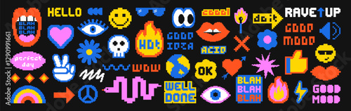 Pixel art stickers set. Template for a set of stickers, greeting cards, posters, planners. Vector collection of pixel illustration and quoters