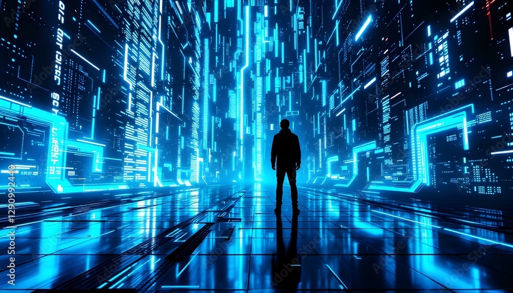 Cyberpunk corridor, futuristic technology, holographic displays, silhouette of a person Cyberpunk corridor, futuristic technology, holographic displays, silhouette of a person