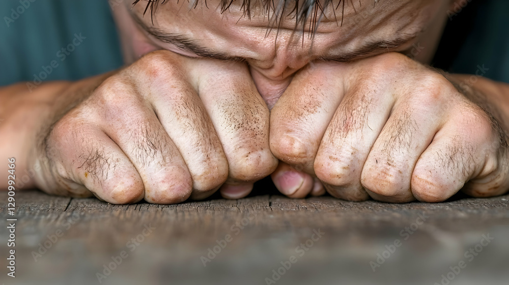 Fototapeta premium Man's hands clenched, despair, close-up, wooden surface, stress