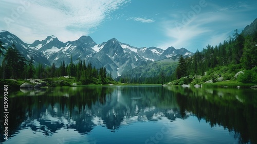 A serene mountain landscape with a crystal-clear lake reflecting the surrounding snow-capped peaks and lush green forest, captured in sharp detail.
