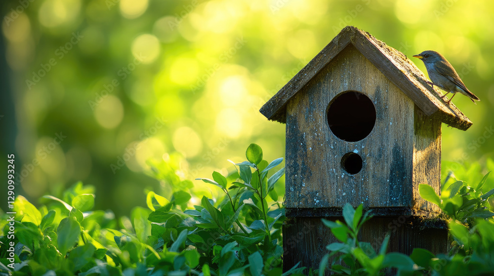 Birdhouse on a tree. Wooden birdhouse, birdhouse for songbirds in a city park in spring.