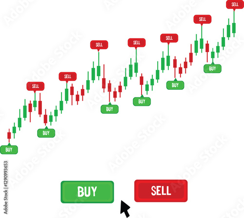 green red candlestick chart for stock market with buy and sell button 