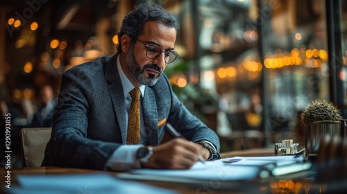 Focused businessman writing in cafe, documents on table