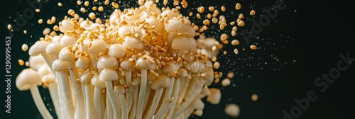 Fried enoki mushrooms mid-air with sesame sauce splashes on Dark Olive Background photo