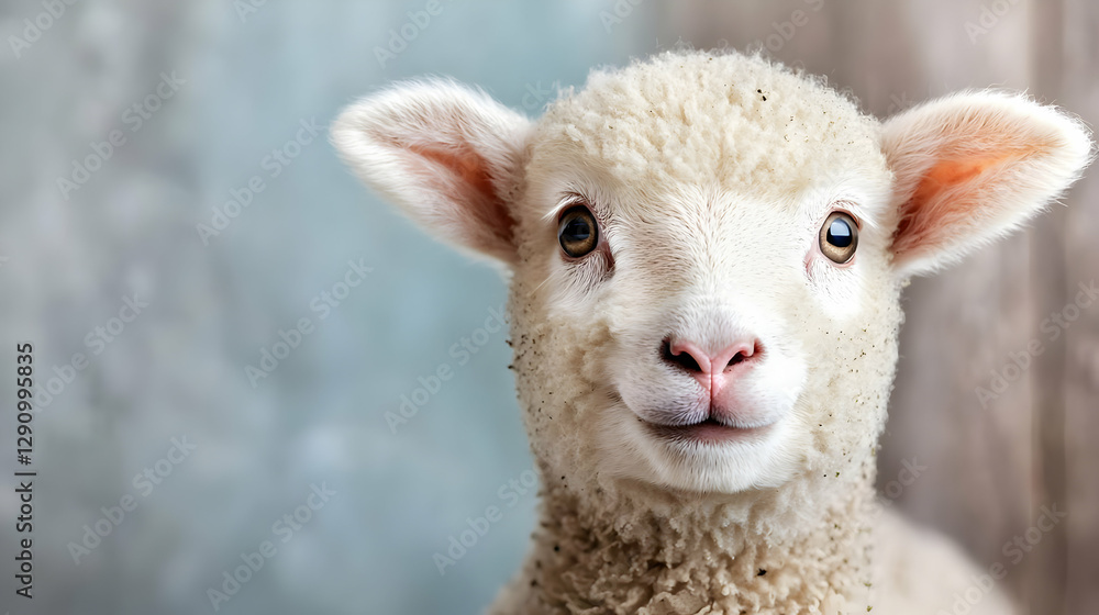Fototapeta premium Cute white lamb looking closely at camera against grey studio backdrop.