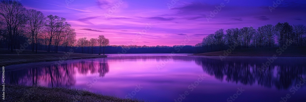 Fototapeta premium Glowing purple sky over a tranquil lake at dusk with reflections