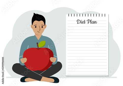 Diet plan illustration. A man sits cross-legged and holds a large red apple. The concept of diet food, meal planning, nutrition consultation. Vector flat illustration