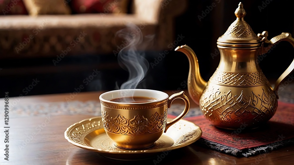 Fototapeta premium Ornate Golden Tea Set: Aromatic Tea in Elegant Cup and Pot