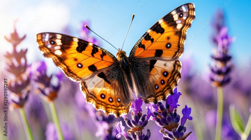 Obraz premium Butterfly hovers gracefully above vibrant lavender field in warm sunlight during spring