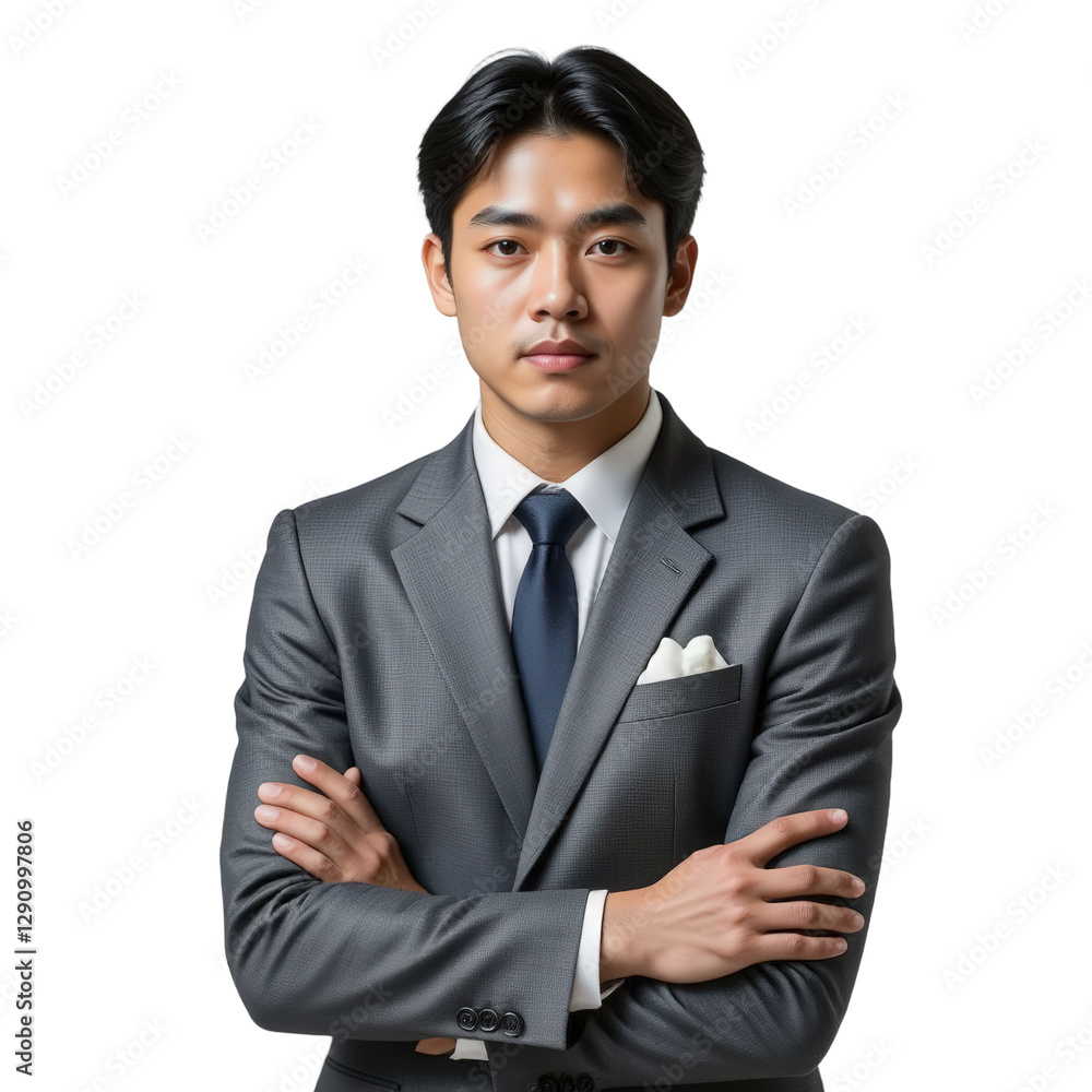 Well-dressed person in suit with arms crossed and transparent background Well-dressed person in suit with arms crossed and transparent background