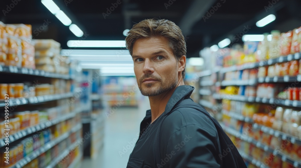Thief alert at a supermarket, customer noticing suspicious activity. Featuring fast reaction and grocery protection Thief alert at a supermarket, customer noticing suspicious activity. Featuring fast reaction and grocery protection