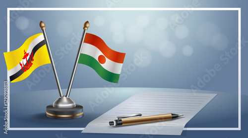 Brunei and Niger National flags on small table with bokeh background, cooperative relationship. Template vector Illustration