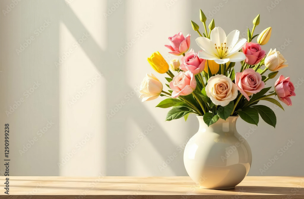 Mother's Day. An elegant vase filled with various colors: roses, lilies and tulips. An empty place for the text. Mother's Day. An elegant vase filled with various colors: roses, lilies and tulips. An empty place for the text.