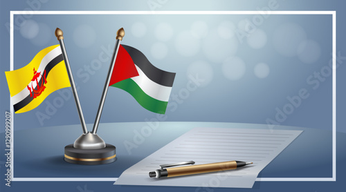 Brunei and Palestine National flags on small table with bokeh background, cooperative relationship. Template vector Illustration