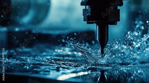 High-speed water jet cutting metal in industrial setting