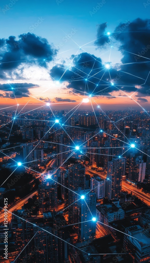 Fototapeta premium Connected Cityscape A Network of Connections Above an Illuminated Urban Skyline at Dusk.