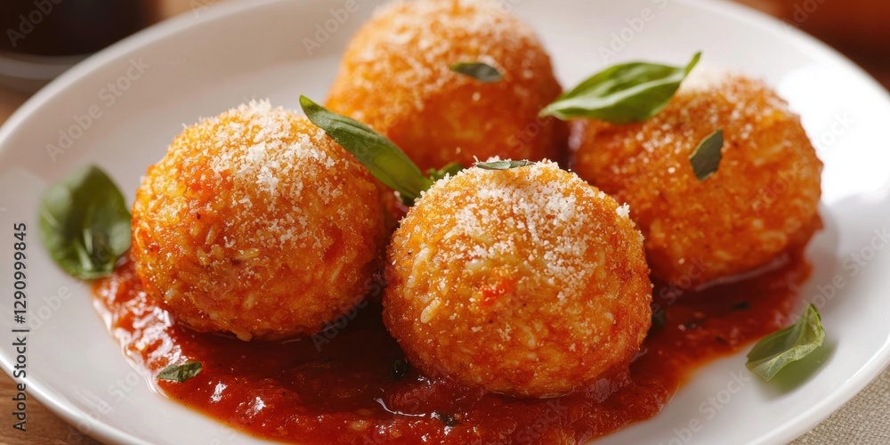 Italian Arancini Rice Balls with Marinara Sauce on a white plate Italian Arancini Rice Balls with Marinara Sauce on a white plate