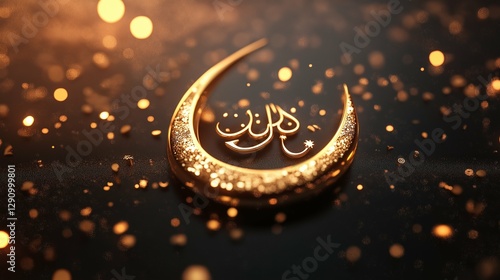 Golden Islamic calligraphy with moon and stars, floral and vintage design, celebrating love and unity under the night sky, perfect for a wedding or festive card