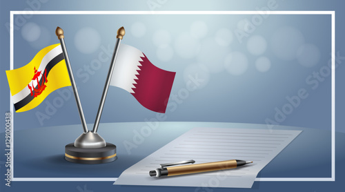 Brunei and Qatar National flags on small table with bokeh background, cooperative relationship. Template vector Illustration