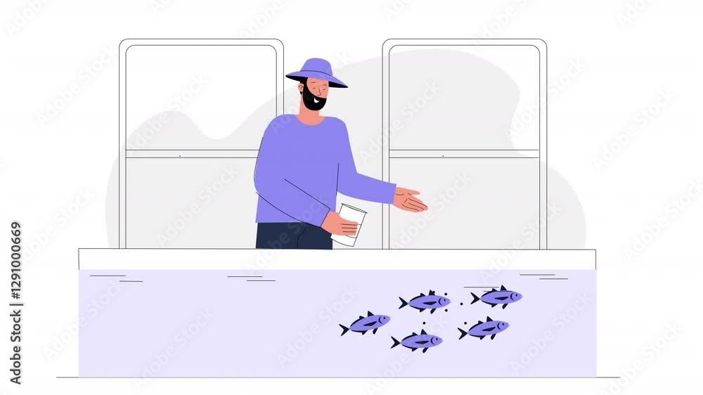 Fish Production Animation Flat character scene animation showing the process of aquaculture, with ...