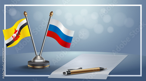 Brunei and Russian National flags on small table with bokeh background, cooperative relationship. Template vector Illustration