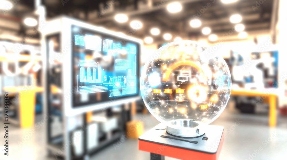 Glowing Holographic Sphere on Display in Modern Tech Showroom Glowing Holographic Sphere on Display in Modern Tech Showroom